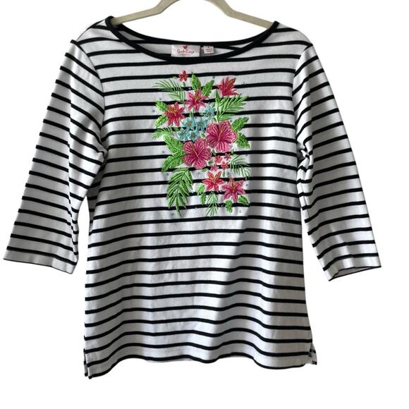 Quacker Factory Striped Floral Embroidered Top | White and Black Stripes | Small - Picture 1 of 5